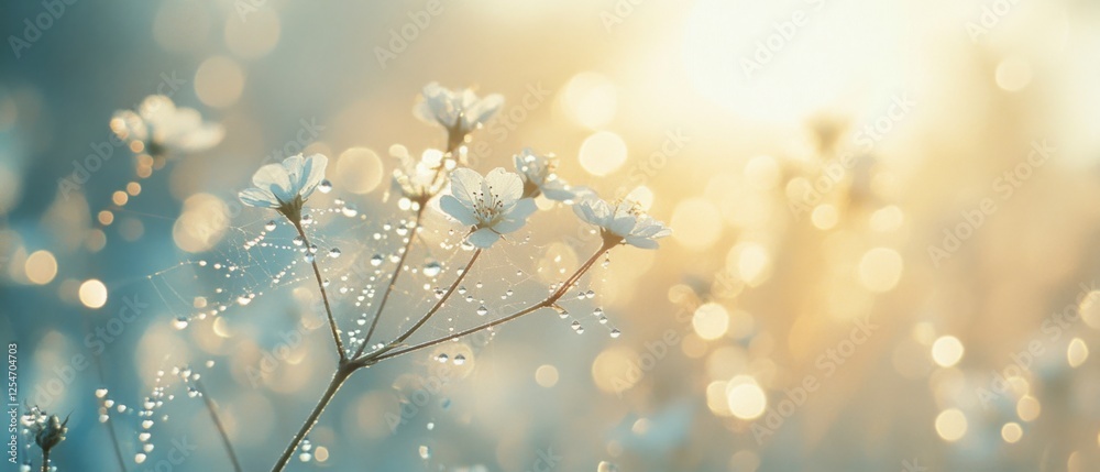 Fototapeta premium Dew-kissed white flowers bask in the soft glow of sunrise, surrounded by delicate bokeh that adds a dreamy, ethereal quality to the scene.