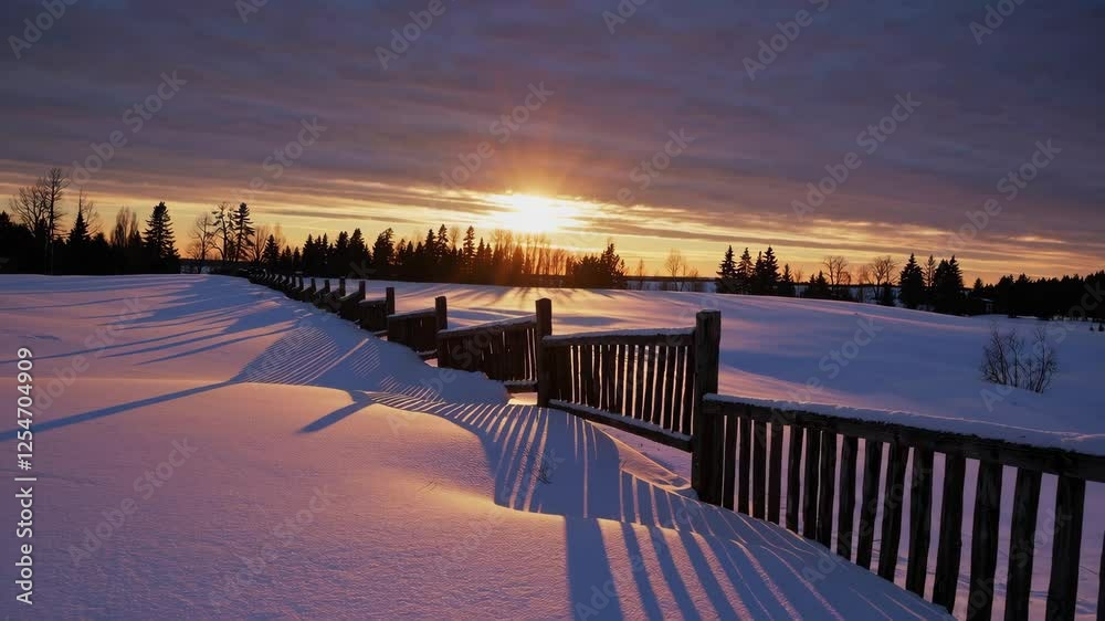 Sunset over snowy landscape with shadows of wooden fence, winter tranquility concept Sunset over snowy landscape with shadows of wooden fence, winter tranquility concept