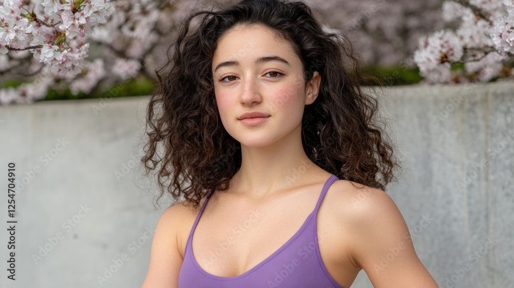 Canadian woman in purple Athleisure enjoying outside activity at cherry blossom park Canadian woman in purple Athleisure enjoying outside activity at cherry blossom park