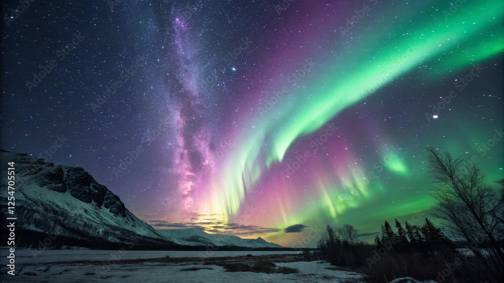 Aurora Borealis, Milky Way and Mountains A Night Sky Panorama Aurora Borealis, Milky Way and Mountains A Night Sky Panorama