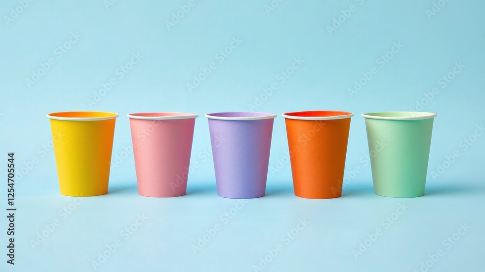 Colorful paper cups on blue background, party supplies (2) Colorful paper cups on blue background, party supplies (2)