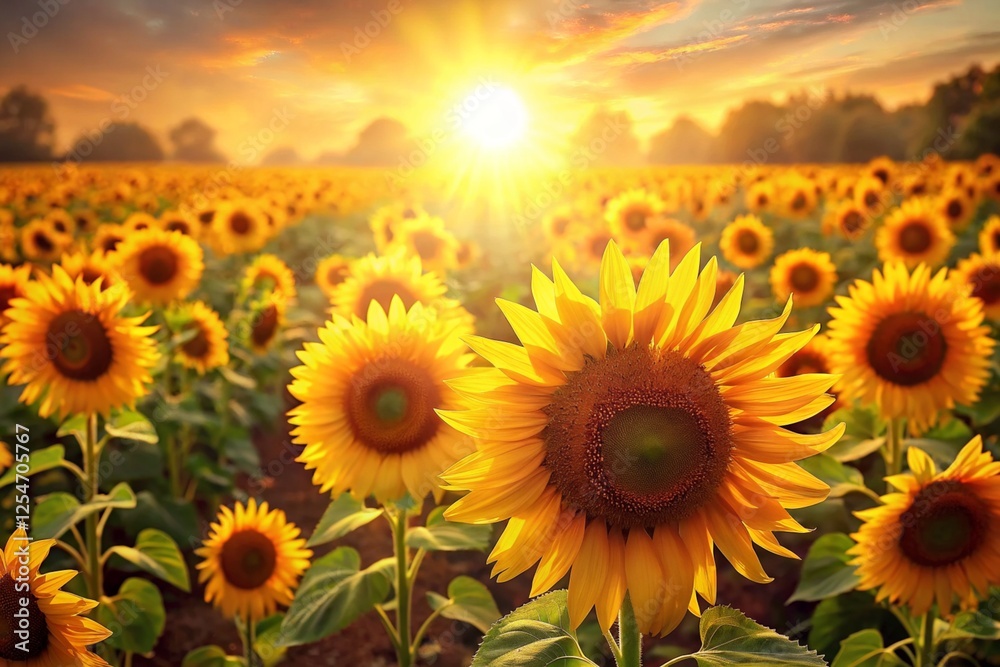 Fototapeta premium rows of bright yellow sunflowers stretching across a field basking in the warm sunlight and exuding cheerfulness and positivity