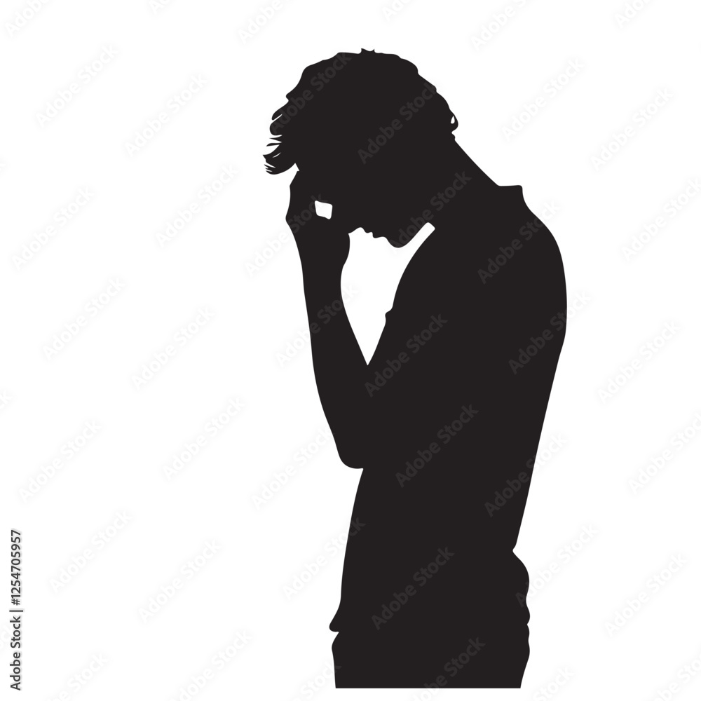 Silhouette of a Man Standing and Feeling Sad - Vector Illustration