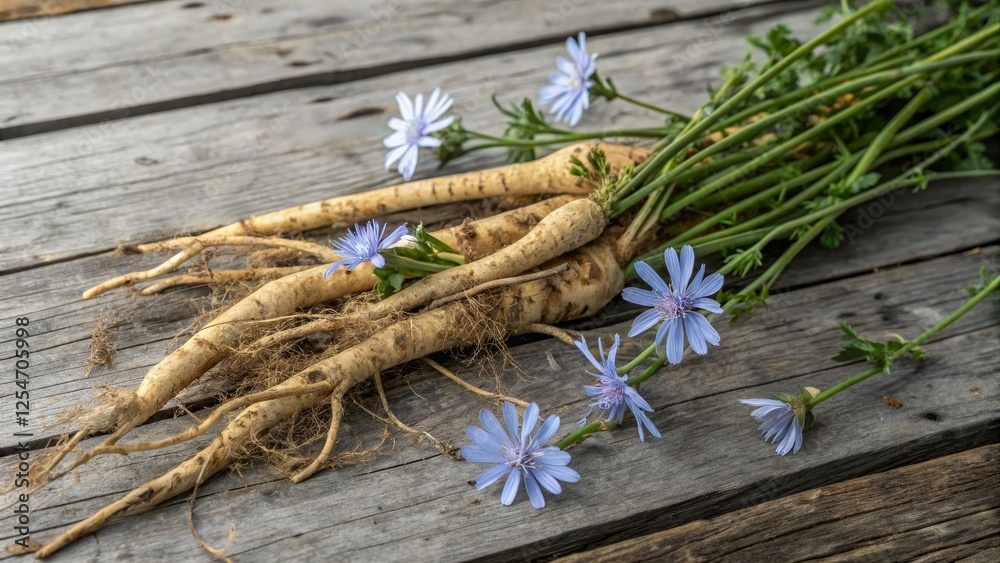 Obraz premium Chicory Roots and Blossoms Rustic Still Life