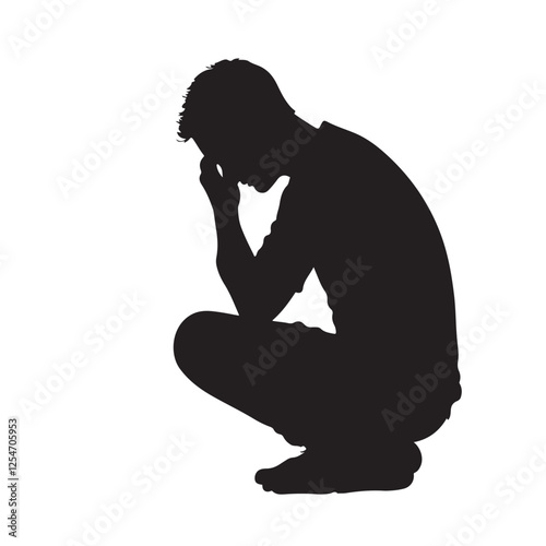 Silhouette of a Man Sitting and Feeling Depressed - Vector Illustration