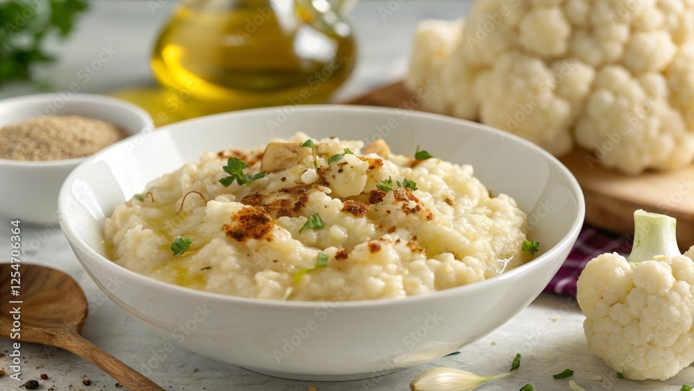 Creamy Cauliflower Mash Close-up Food Photography, Bowl Composition, Garlic Herb Seasoning, White Bowl, Cauliflower Recipe Cauliflower Mash, Creamy Texture Creamy Cauliflower Mash Close-up Food Photography, Bowl Composition, Garlic Herb Seasoning, White Bowl, Cauliflower Recipe Cauliflower Mash, Creamy Texture