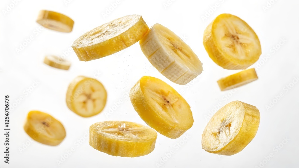 Floating Banana Slices High-Resolution Image of Multiple Yellow Banana Rounds in Mid-Air, Food Photography, Fruit, Banana Banana, Food Photography
