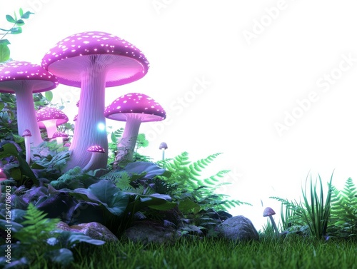 Glowing pink mushrooms in magical forest scene, digital illustration, white background, fantasy design, ideal for game design photo