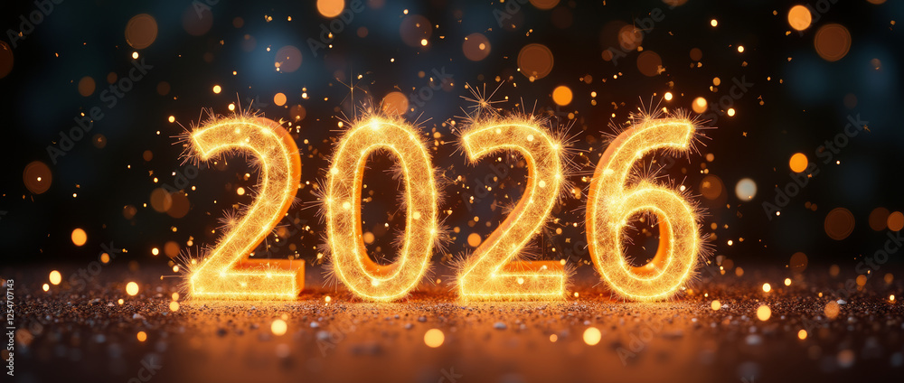 Sparkling 2026 numbers with festive lights for New Year celebration Sparkling 2026 numbers with festive lights for New Year celebration