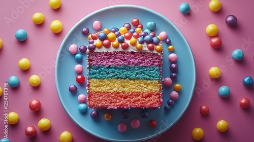 Colorful layered cake with vibrant icing and candy decorations on a pastel background