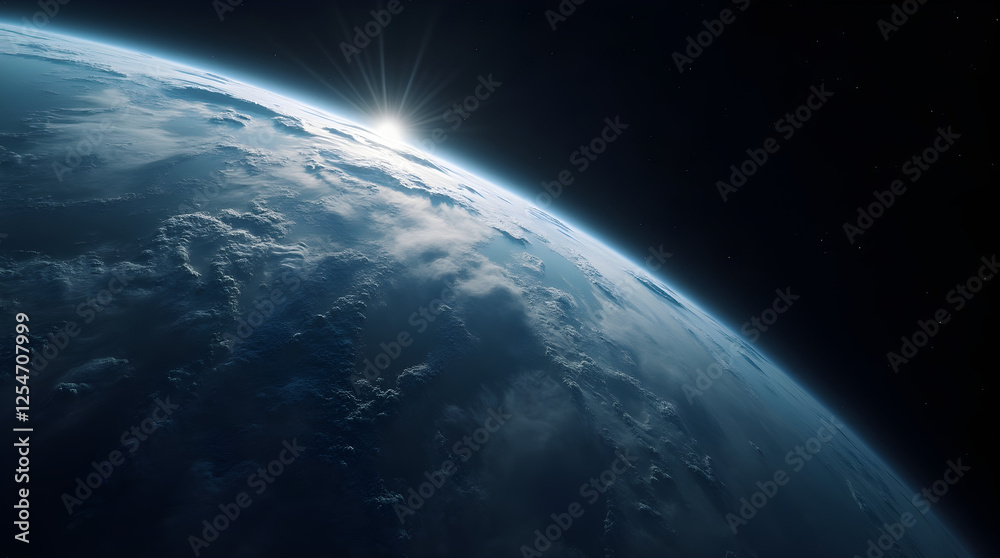 Obraz premium Breathtaking HD Earth Sunrise Orbital Space Perspective Blue Planet Horizon Cloudy Atmosphere Sunlight Cosmic Beauty Tranquil