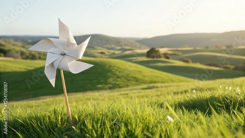 Paper Pinwheel in Rolling Hills at Sunset