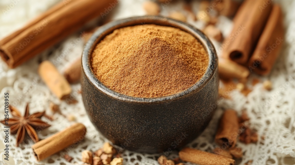 A bowl of ground cinnamon surrounded by cinnamon sticks and spices on a decorative surface. A bowl of ground cinnamon surrounded by cinnamon sticks and spices on a decorative surface.
