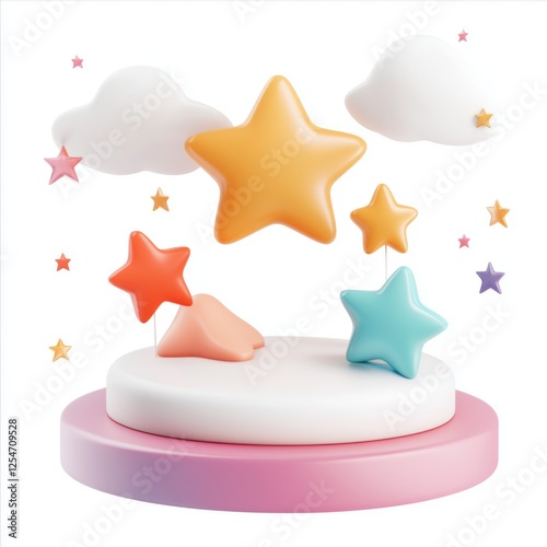 Cute and Colorful 3D Stars and Clouds on a White Pedestal for a Dreamy Background Scene