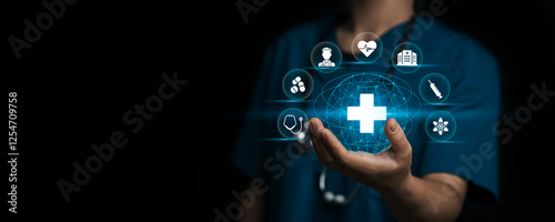 Medical insurance, medicine concept. Digital healthcare and network connection, Doctor touching icons displayed on a virtual screen, online health, medical technology and futuristic concept.