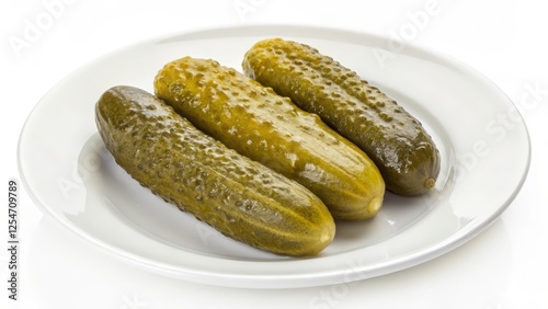 Three Pickled Cucumbers on White Plate High-Angle Close-Up Food Photography,Pickled Cucumbers,Food Photography