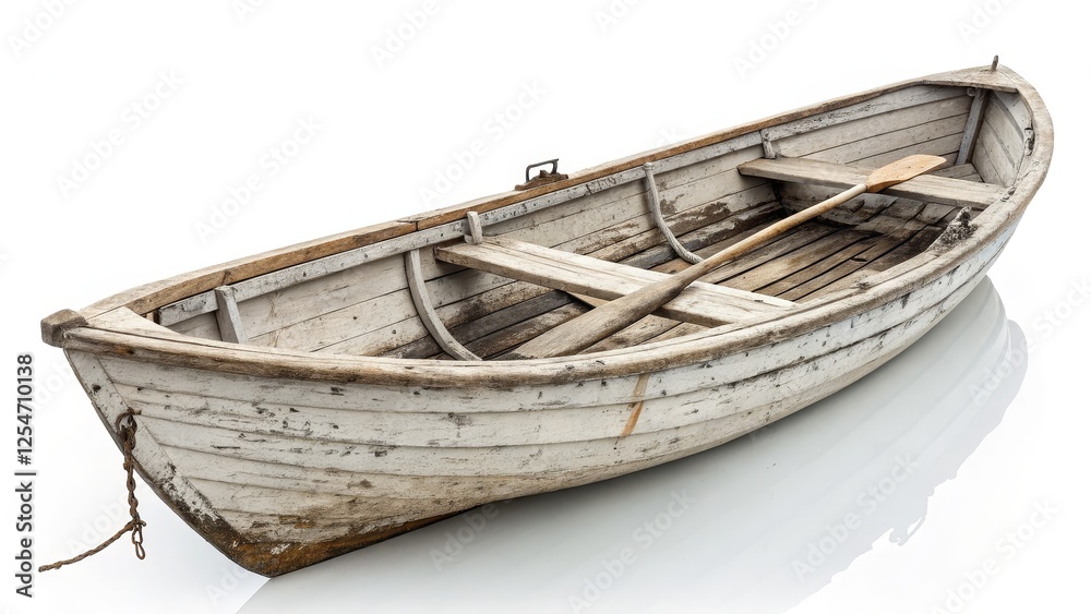 Weathered Wooden Rowboat Single Oar, Whitewashed Hull, Coastal Concept Weathered Wooden Rowboat Single Oar, Whitewashed Hull, Coastal Concept