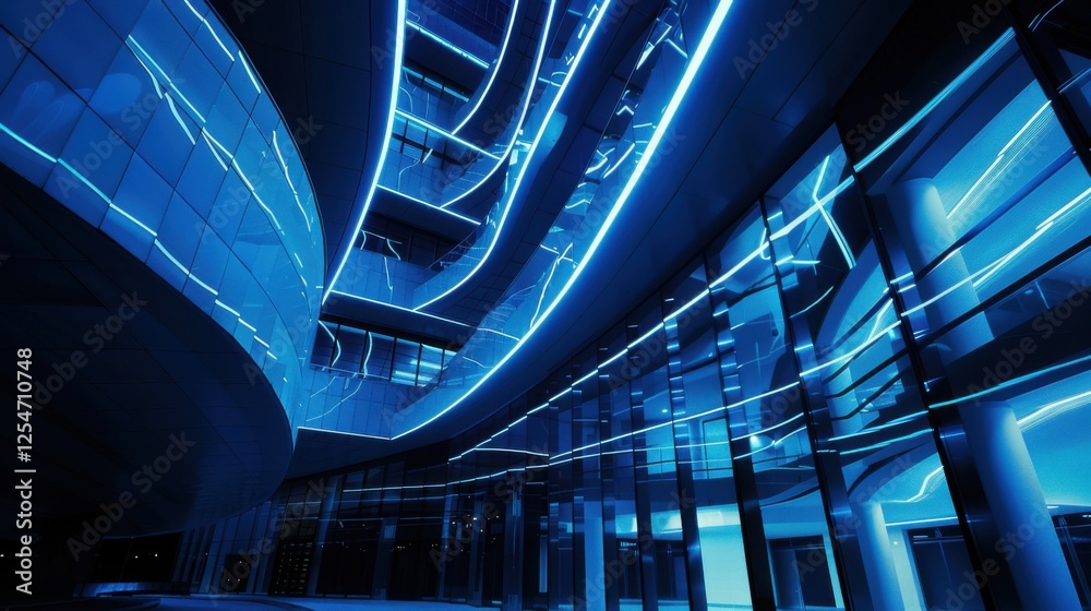 Fototapeta premium Futuristic office building glowing at night with cool blue tones and modern design.
