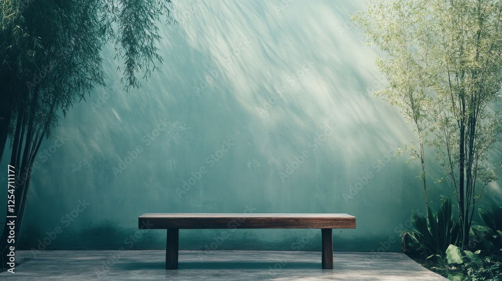 Fototapeta premium wooden bench in serene garden setting with bamboo and soft lighting