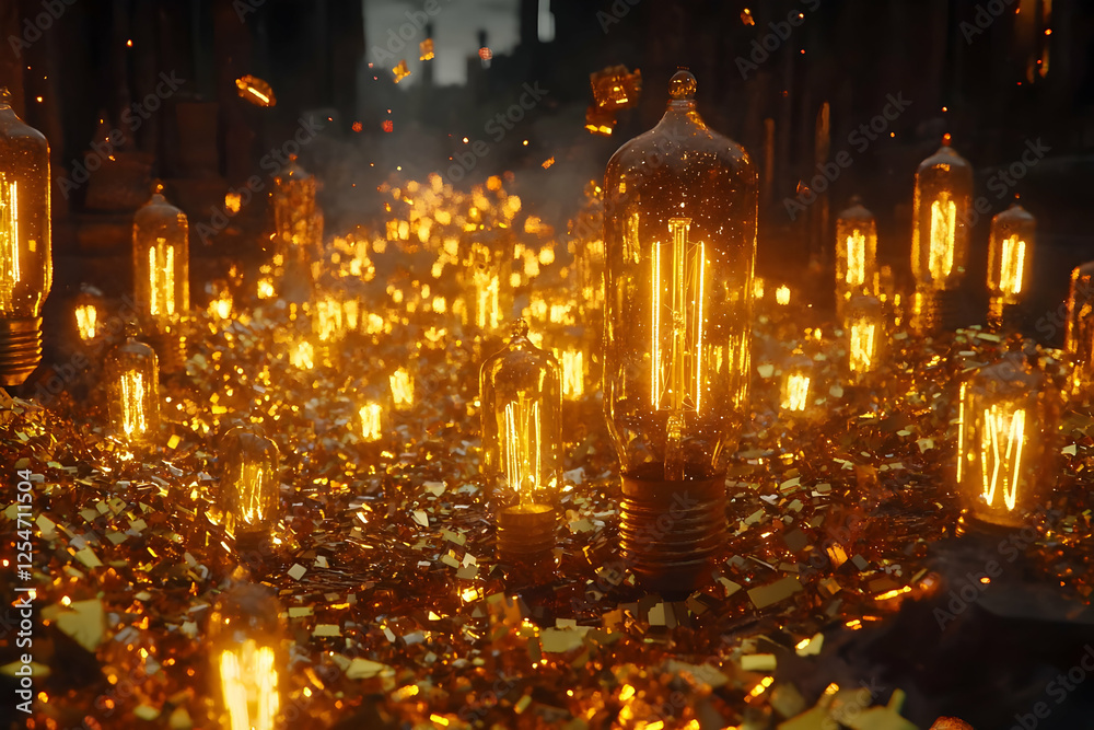Glowing bulbs, gold confetti, dark background, fantasy setting; ideal for creativity Glowing bulbs, gold confetti, dark background, fantasy setting; ideal for creativity