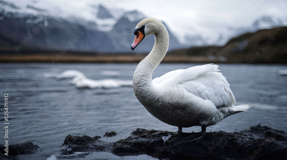 graceful swan stands by serene lake with mountains in background graceful swan stands by serene lake with mountains in background