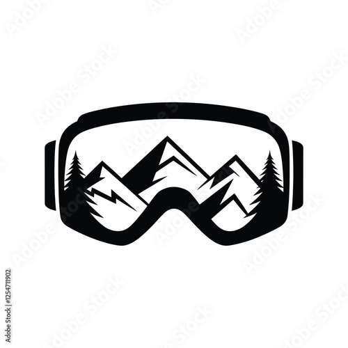 Ski Goggles with Mountain Reflection – Black and White Adventure Vector Illustration