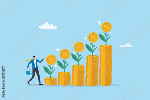 Compound interest growth, savings, investment or wealth accumulation formula, interest rate principal, profit or earning, prosperity concept, businessman watering compound interest seedling growth.