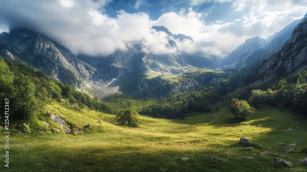 Fototapeta premium serene mountain valley with lush greenery and misty peaks