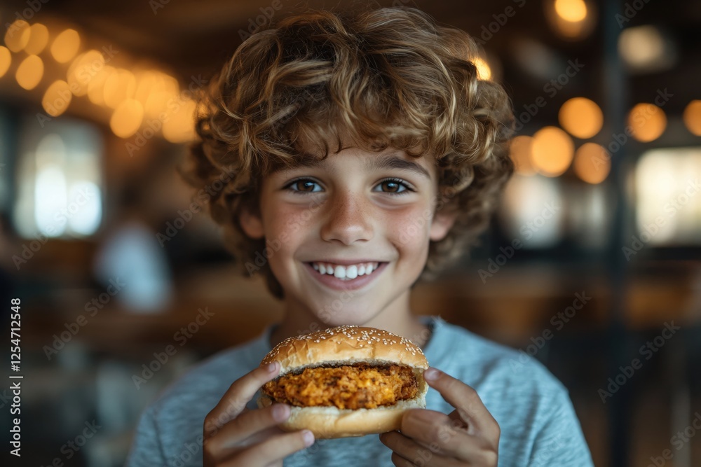 Boy with curly hair holding a burger in a restaurant with blurred lights in the background Boy with curly hair holding a burger in a restaurant with blurred lights in the background