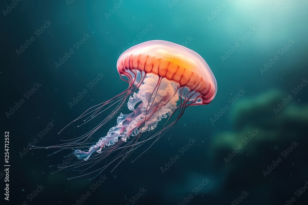 Fototapeta premium Colorful jellyfish gracefully swimming in clear ocean waters under soft sunlight