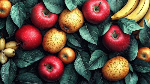 Vibrant assortment of fresh fruits including apples, oranges, and bananas on lush green leaves