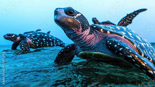 Group of vibrant sea turtles swimming gracefully in clear blue waters at sunset