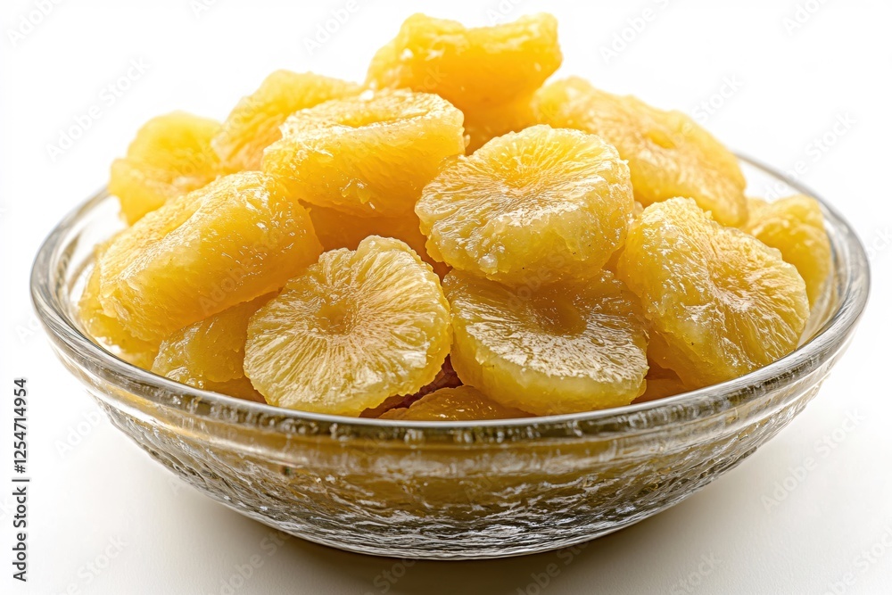 Candied pineapple slices in glass bowl on white background for food photography and recipes Candied pineapple slices in glass bowl on white background for food photography and recipes