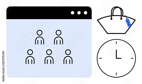 Browser window with five user icons, clock showing time, and shopping bag with a tag. Ideal for teamwork, virtual meetings, online shopping, time management, e-commerce, digital collaboration