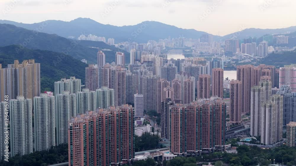 Drone shot of buildings in Ma On Shan region in Hong Kong