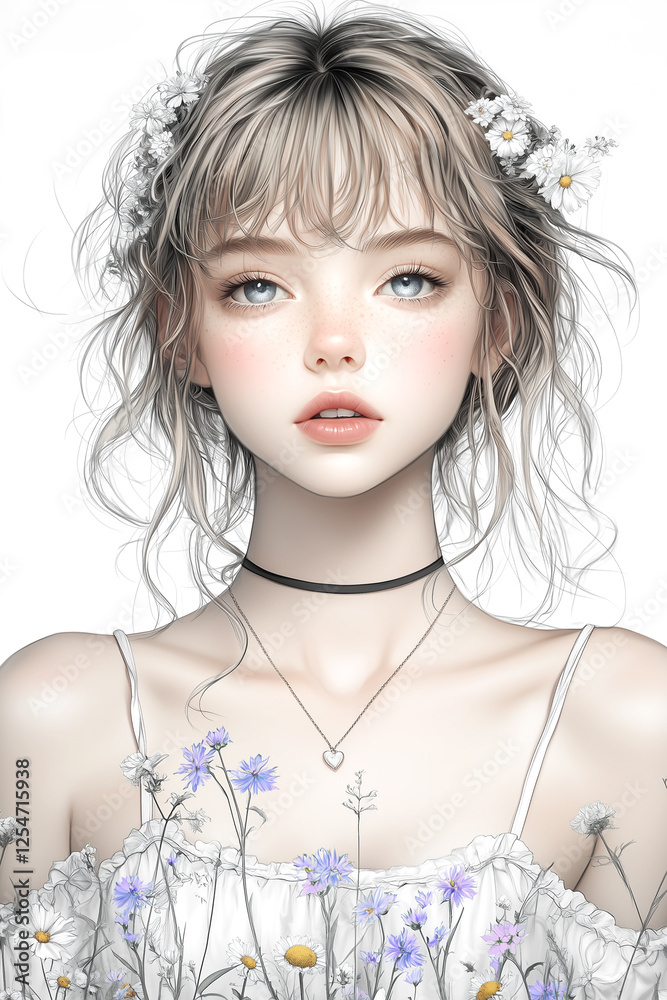 Fototapeta premium Antistress image of a beautiful girl with flowers. for adult and children's coloring books