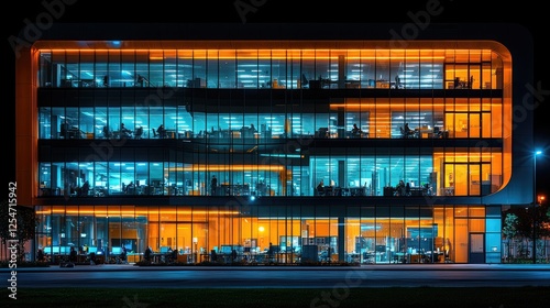 Night office building, people working late, modern architecture, city street photo