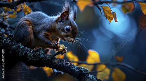 curious squirrel sits on branch, nibbling on nut amidst autumn leaves. scene captures beauty of nature and wildlife