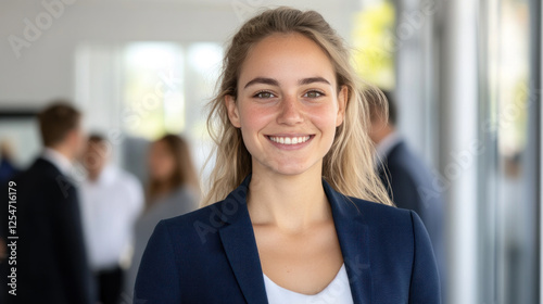 Blond businesswoman wearing blue smart-casual smiling at office activity Free Download Blond businesswoman wearing blue smart-casual smiling at office activity - GFXLoad
