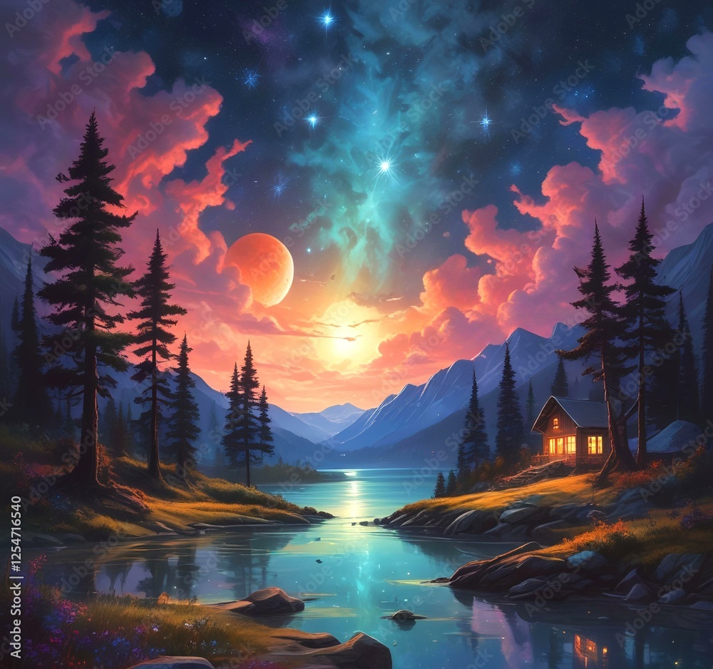 Obraz premium Illustration of landscape with starry sky.