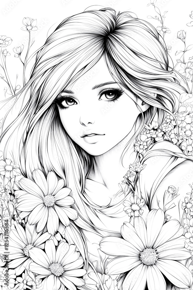 Antistress image of a beautiful girl with flowers. for adult and children's coloring books Antistress image of a beautiful girl with flowers. for adult and children's coloring books