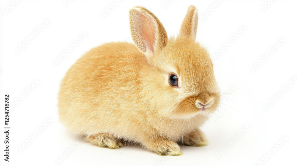 Fluffy orange rabbit sitting on white background, looking curious and playful Fluffy orange rabbit sitting on white background, looking curious and playful