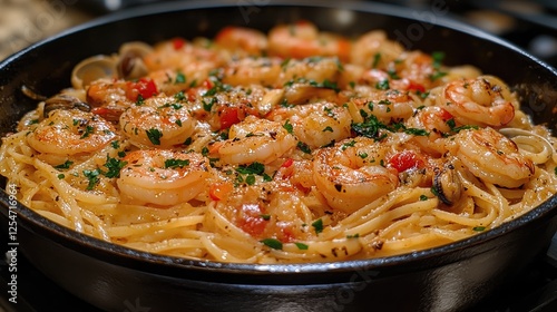 Delicious shrimp pasta dish garnished with herbs, served in a skillet with a rustic kitchen backdrop
