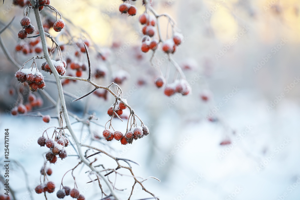 Frosted Red Berries on Winter Branches Against a Snowy Background Frosted Red Berries on Winter Branches Against a Snowy Background