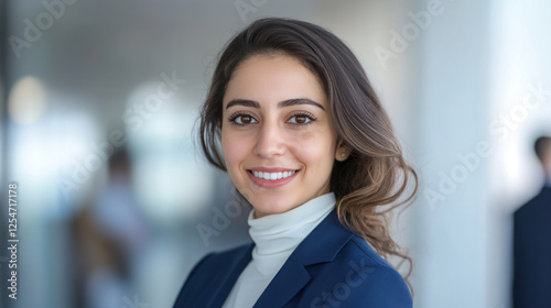 Arabian businesswoman wearing blue smart-casual smiling at office activity