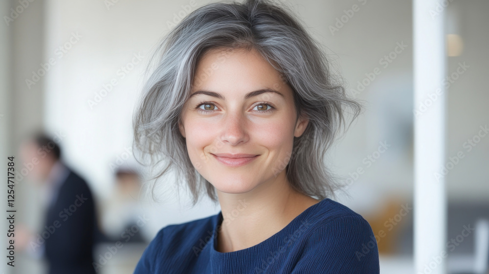 Silver hair businesswoman wearing blue smart-casual smiling at office activity Silver hair businesswoman wearing blue smart-casual smiling at office activity