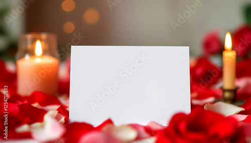 A blank white card on a table with soft flower petals and glowing candles in the background.