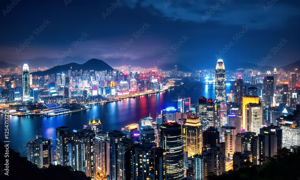 View of the Night Modern City Hong Kong From the Victoria Peak Hill