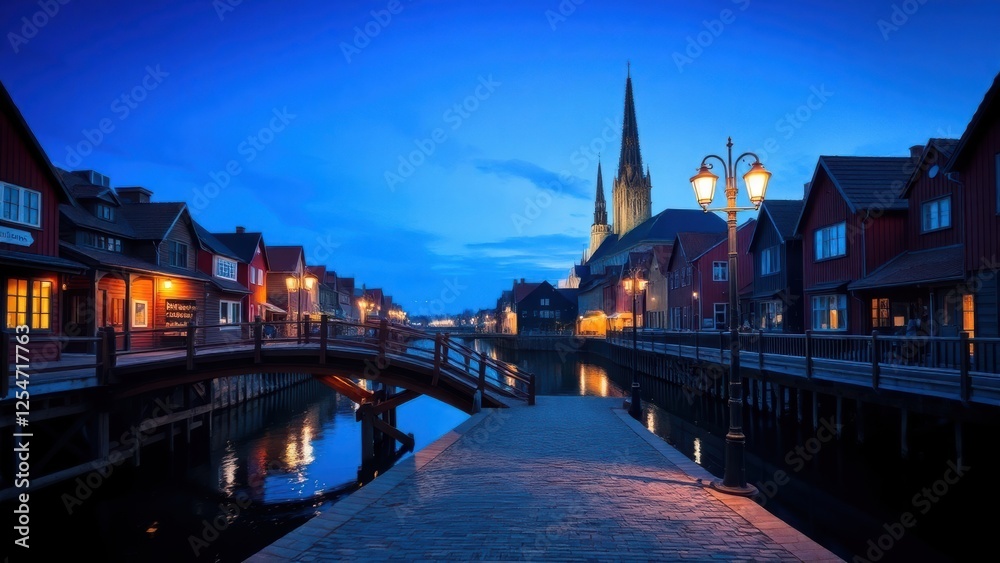 Naklejka premium Residential atmosphere near the river at night