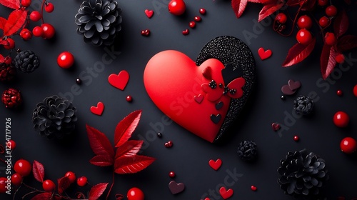 Festive valentines day card design with a three dimensional heart red and black color palette and romantic elements perfect for February 14th celebrations